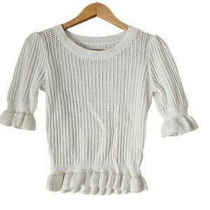 Sundays One Women's Cropped White Cotton Open Knit Top Ruffle Trim Short Sleeve‎